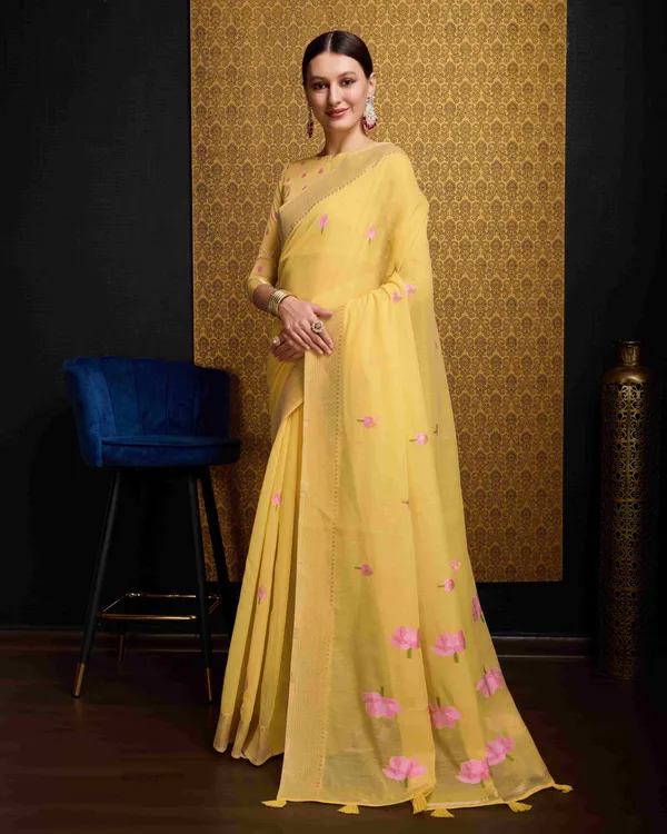 Yellow_Linen_Saree_For_Women_&_Girls