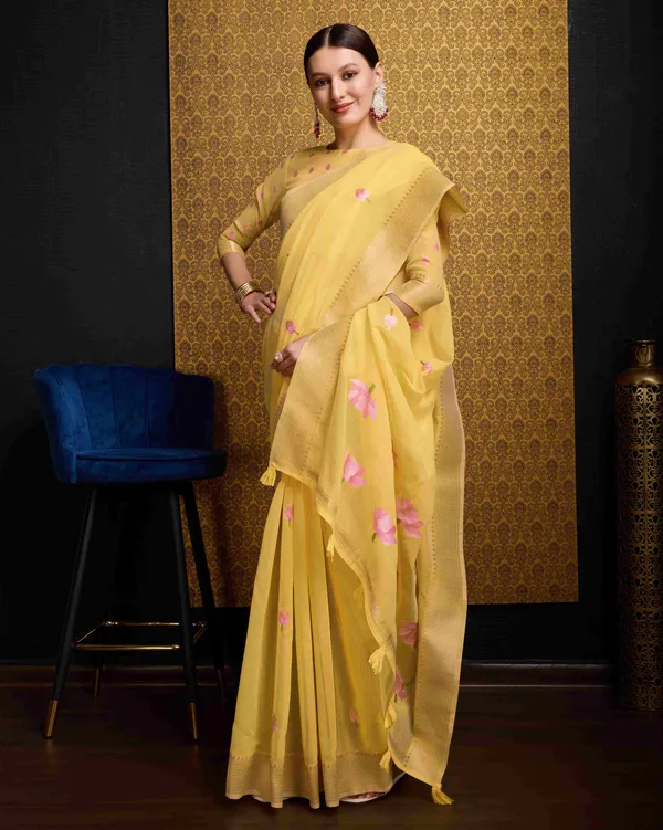 Yellow_Linen_Saree_For_Women_&_Girls