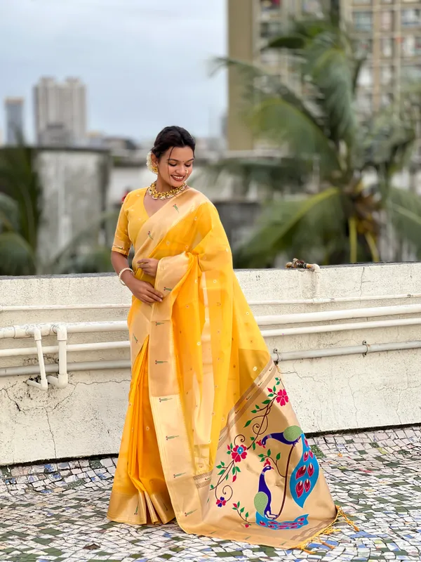 Yellow_Soft_Organza_Saree_With_Butti_Meenakari_Zari_Weaved_Saree_With_Blouse_Piece_For_Women_&_Girl