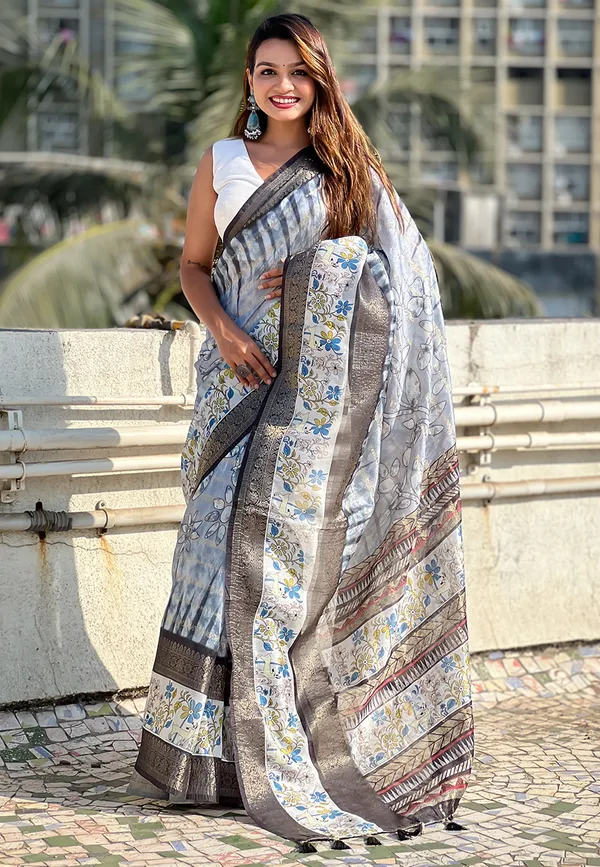 Grey_Soft_Chanderi_Crush_Saree_With_Floral_Prints_Saree_With_Blouse_Piece_For_Women_&_Girl