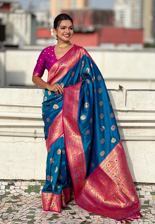 Rama_Soft_Silk_With_Flower_Butta_Meenakari_Motifs_Saree_With_Blouse_Piece_For_Women_&_Girl