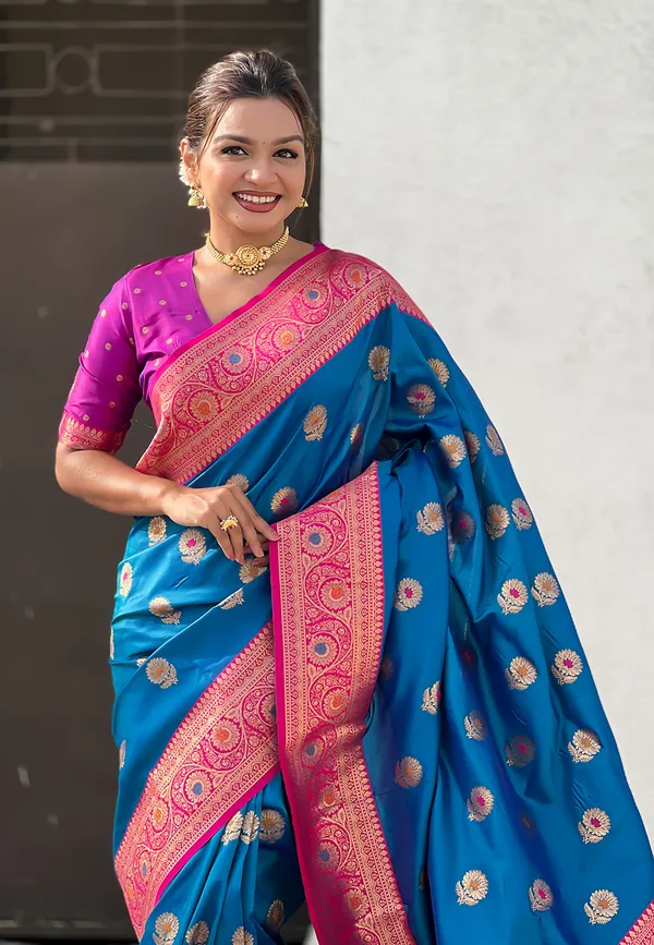 Rama_Soft_Silk_With_Flower_Butta_Meenakari_Motifs_Saree_With_Blouse_Piece_For_Women_&_Girl