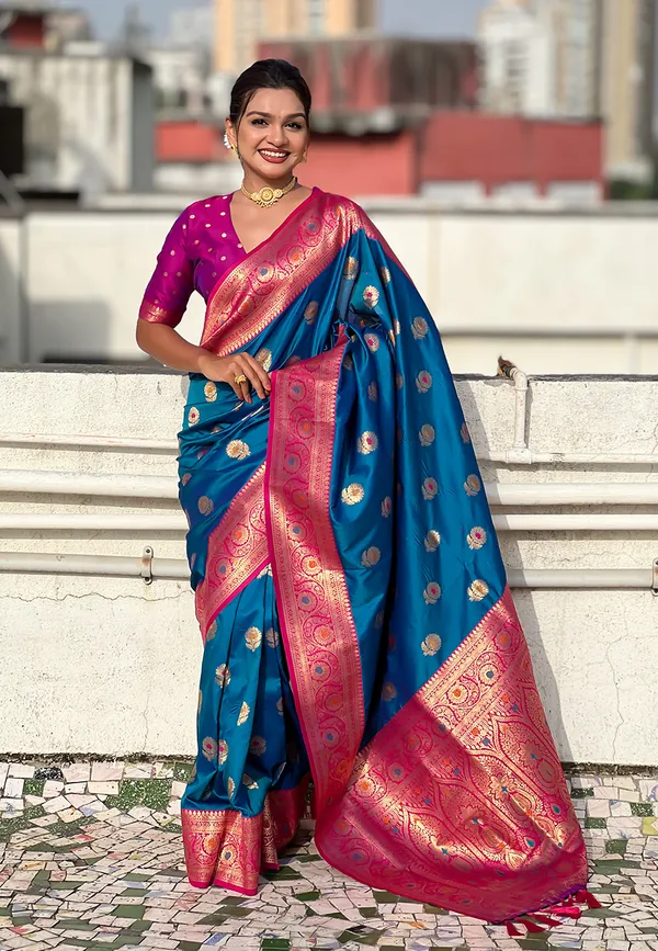 Rama_Soft_Silk_With_Flower_Butta_Meenakari_Motifs_Saree_With_Blouse_Piece_For_Women_&_Girl