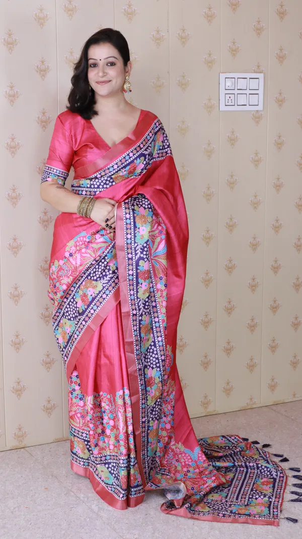 Pink_Tussar_Silk_With_Floral_Prints_Saree_With_Blouse_Piece_For_Women_&_Girl