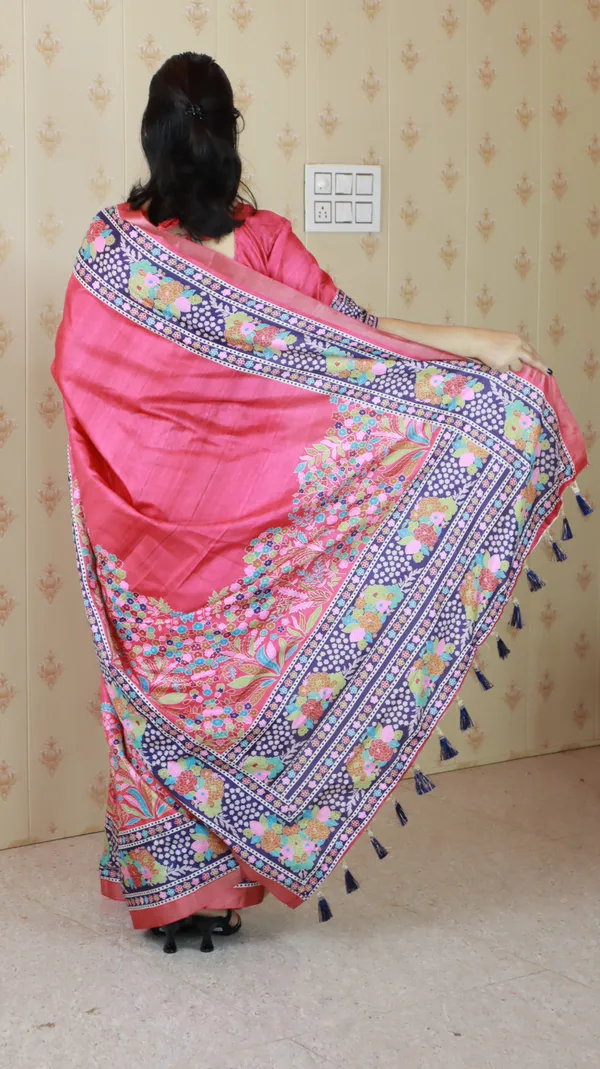 Pink_Tussar_Silk_With_Floral_Prints_Saree_With_Blouse_Piece_For_Women_&_Girl