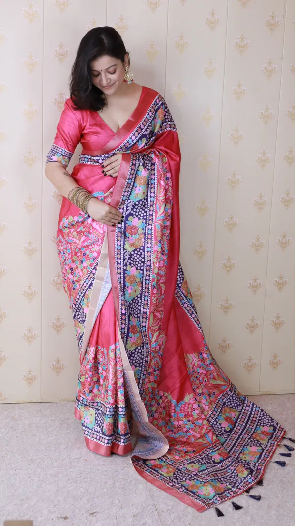 Pink_Tussar_Silk_With_Floral_Prints_Saree_With_Blouse_Piece_For_Women_&_Girl