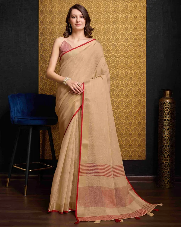 Beige_Linen_Saree_For_Women_&_Girls