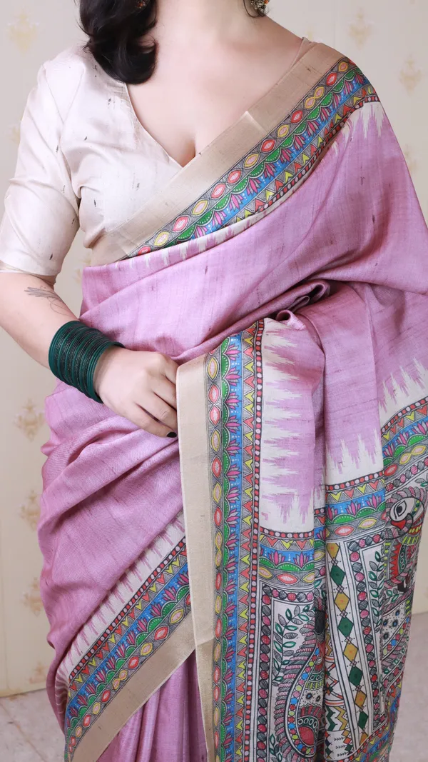 Light_Pink_Tussar_Silk_With_Zari_Woven_Saree_With_Blouse_Piece_For_Women_&_Girl