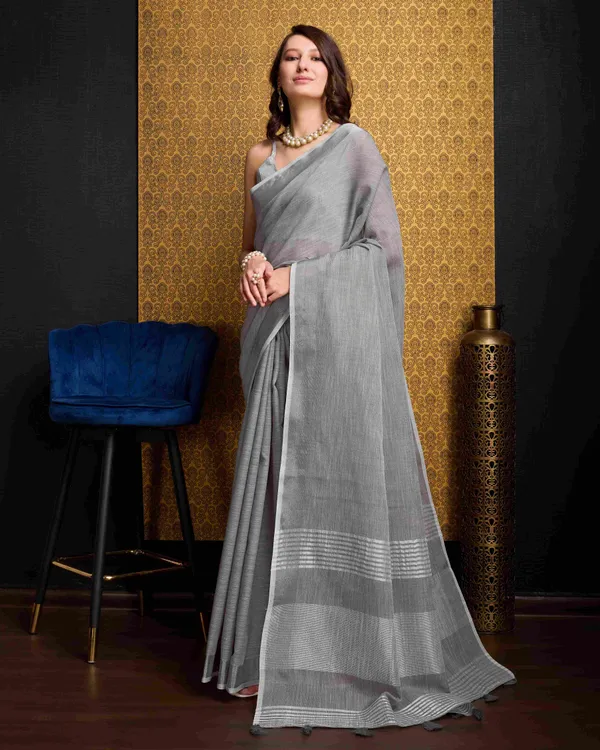Grey_Linen_Saree_For_Women_&_Girls