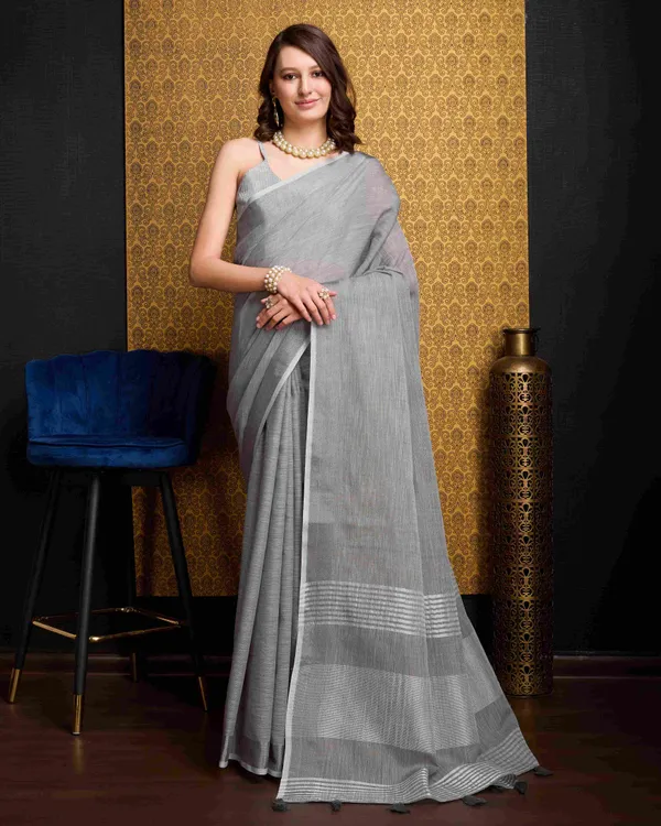 Grey_Linen_Saree_For_Women_&_Girls