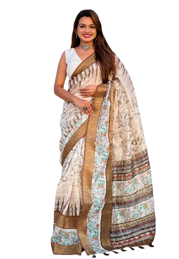 White_Soft_Chanderi_Crush_Saree_With_Floral_Prints_Saree_With_Blouse_Piece_For_Women_&_Girl