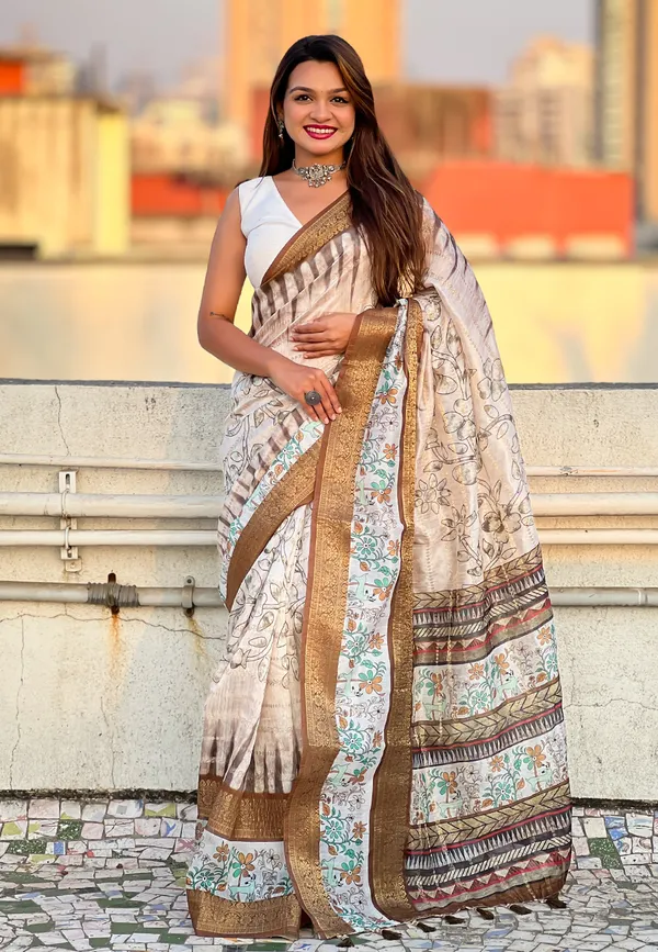 White_Soft_Chanderi_Crush_Saree_With_Floral_Prints_Saree_With_Blouse_Piece_For_Women_&_Girl