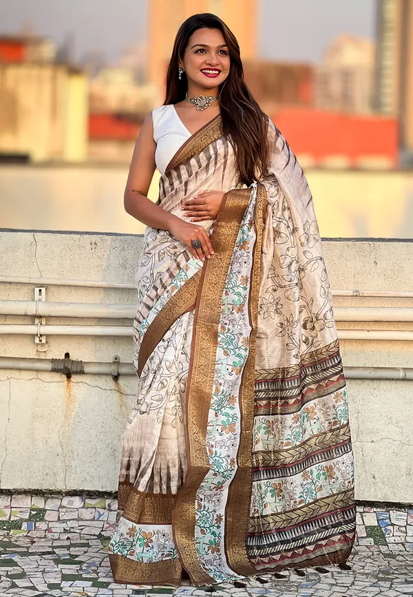 White_Soft_Chanderi_Crush_Saree_With_Floral_Prints_Saree_With_Blouse_Piece_For_Women_&_Girl