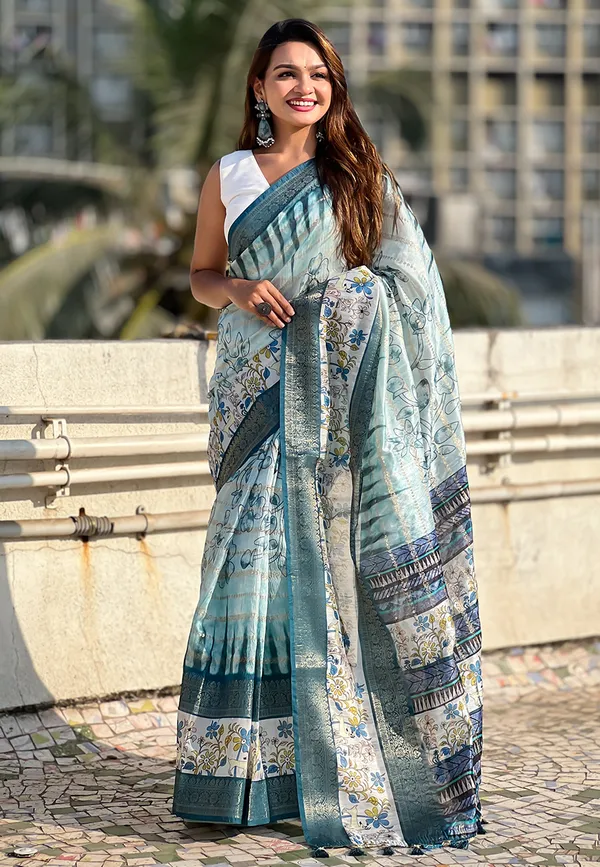 Sky_Soft_Chanderi_Crush_Saree_With_Floral_Prints_Saree_With_Blouse_Piece_For_Women_&_Girl