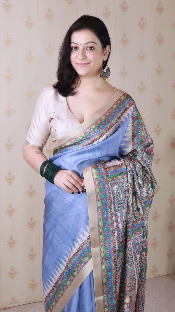 Baby_Blue_Tussar_Silk_With_Zari_Woven_Saree_With_Blouse_Piece_For_Women_&_Girl
