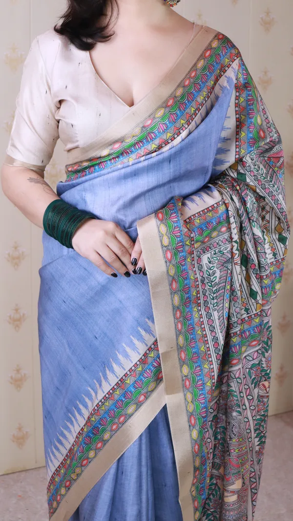Baby_Blue_Tussar_Silk_With_Zari_Woven_Saree_With_Blouse_Piece_For_Women_&_Girl
