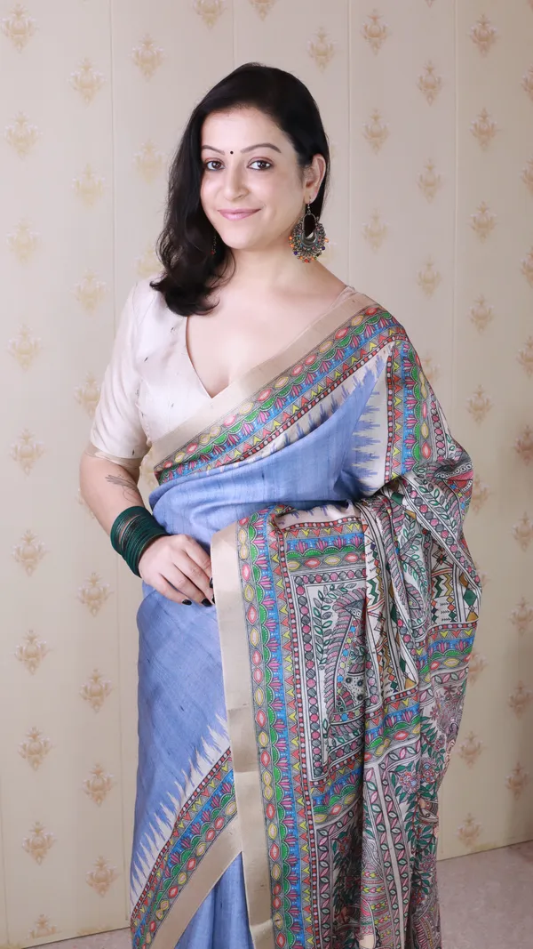 Baby_Blue_Tussar_Silk_With_Zari_Woven_Saree_With_Blouse_Piece_For_Women_&_Girl