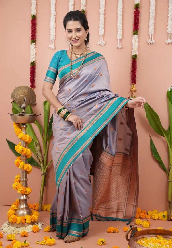Grey_Rama_Soft_Silk_With_Floral_Motifs_Weaved_Saree_With_Blouse_Piece_For_Women_&_Girl