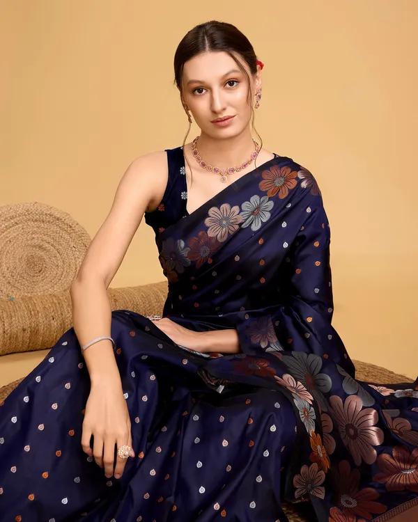 Dark_Blue_Patola_Silk_Weaved_Saree_With_Contrast_Meenakari_Saree_For_Women_&_Girls