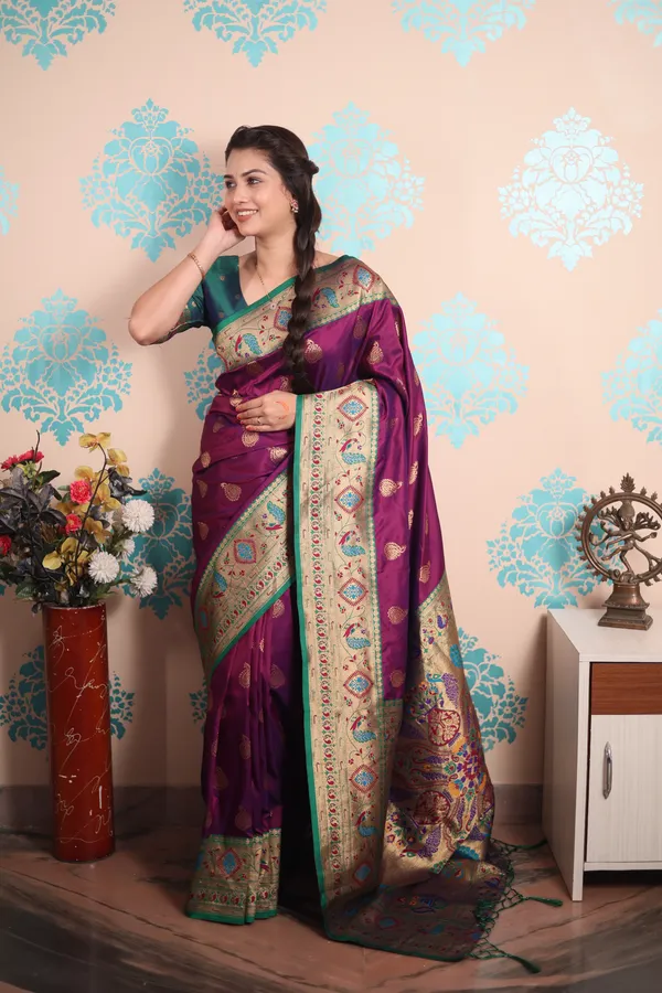Violet_Paithani_Saree_With_Gold_Zari_Peacock_Motifs_Saree_With_Blouse_Piece_For_Women_&_Girl
