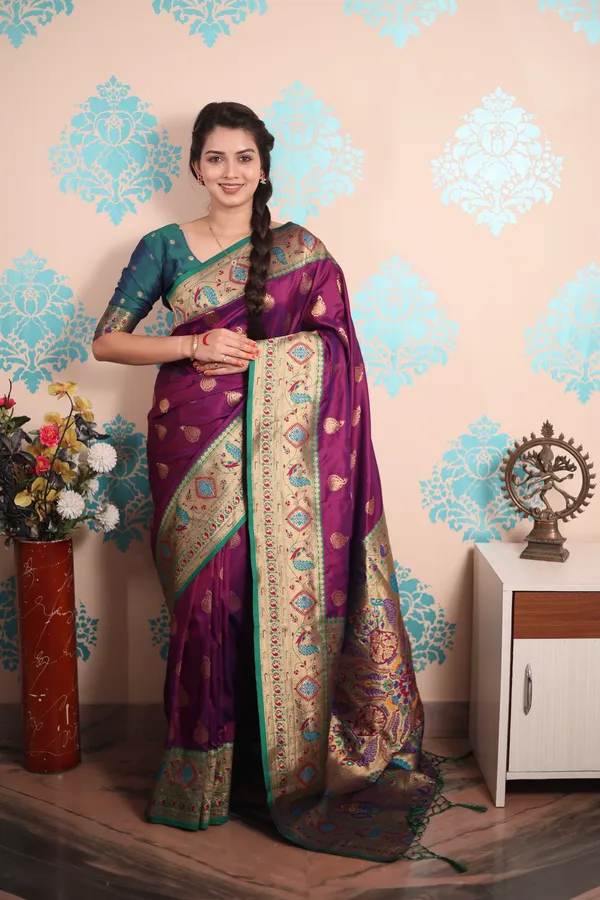 Violet_Paithani_Saree_With_Gold_Zari_Peacock_Motifs_Saree_With_Blouse_Piece_For_Women_&_Girl