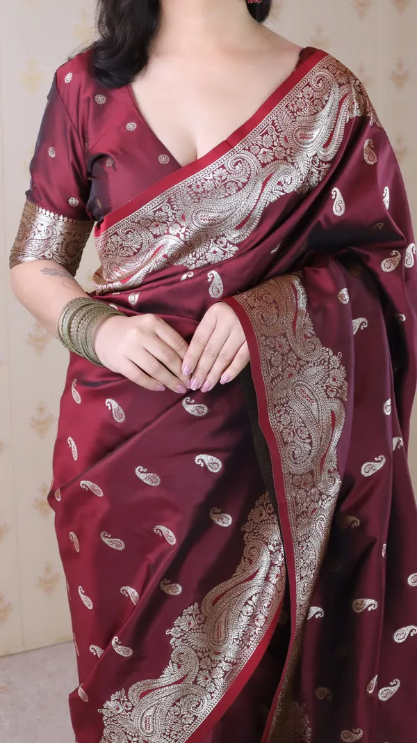 Maroon_Premium_Banarasi_Soft_Silk_With_Silver_Zari_Jaal_Weaved_Saree_With_Blouse_Piece_For_Women_&_Girl