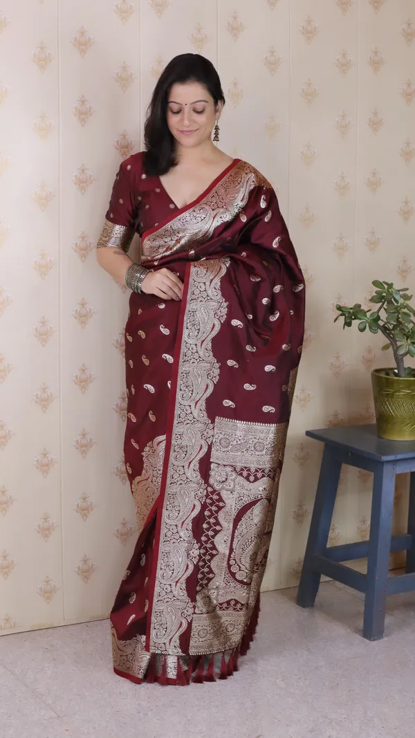 Maroon_Premium_Banarasi_Soft_Silk_With_Silver_Zari_Jaal_Weaved_Saree_With_Blouse_Piece_For_Women_&_Girl