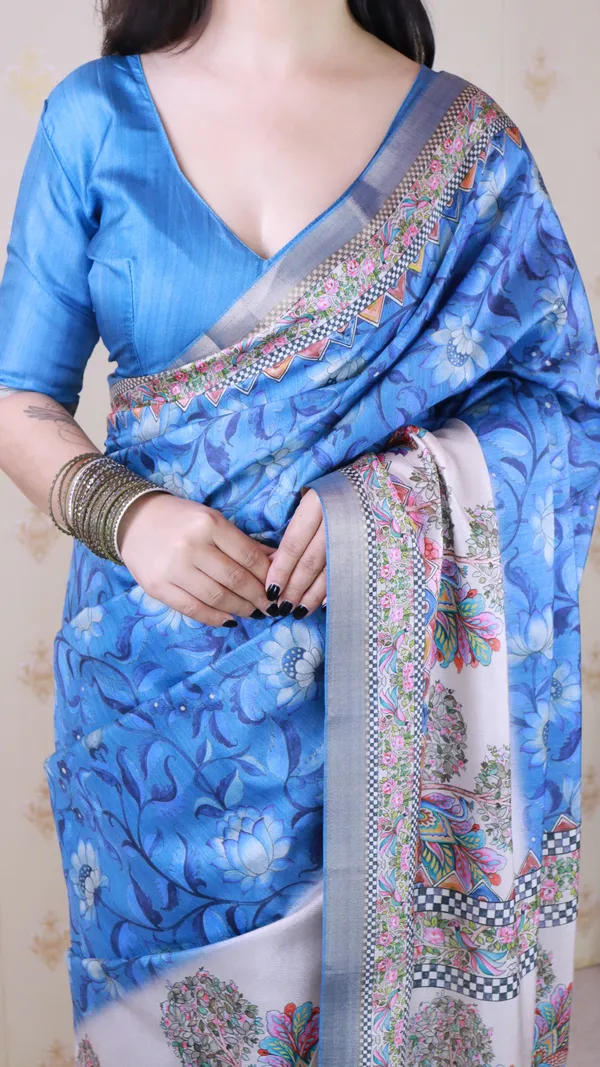 Blue_Tussar_Silk_With_Zari_Woven_Saree_With_Blouse_Piece_For_Women_&_Girl