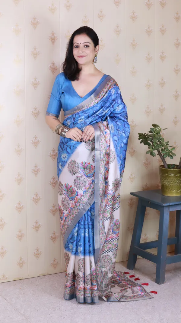 Blue_Tussar_Silk_With_Zari_Woven_Saree_With_Blouse_Piece_For_Women_&_Girl