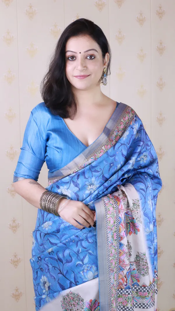 Blue_Tussar_Silk_With_Zari_Woven_Saree_With_Blouse_Piece_For_Women_&_Girl