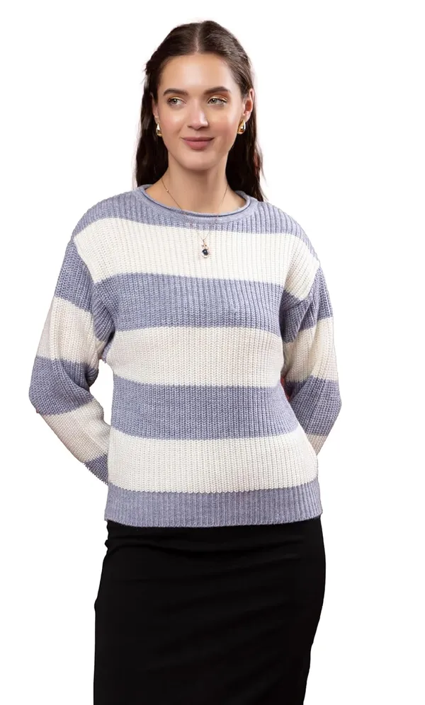 Aqua_Blue_Women_100%_Wool_Color_Block_Stripe_Full_Sleeve_Round_Neck_Pullover_Sweater_Winter_Season_Fashion