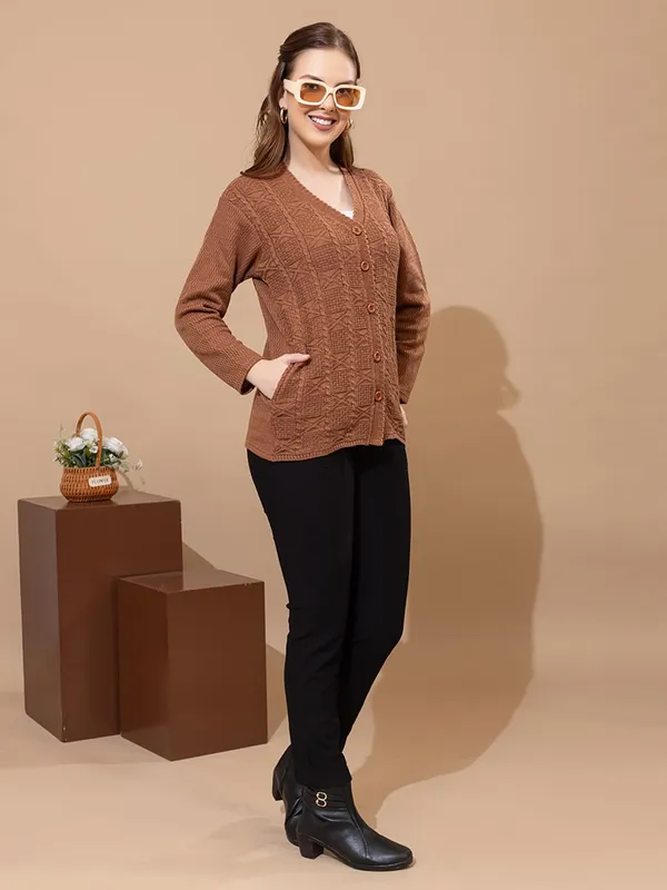 Womens_Knit_Button_Down_V_Neck_Cardigan