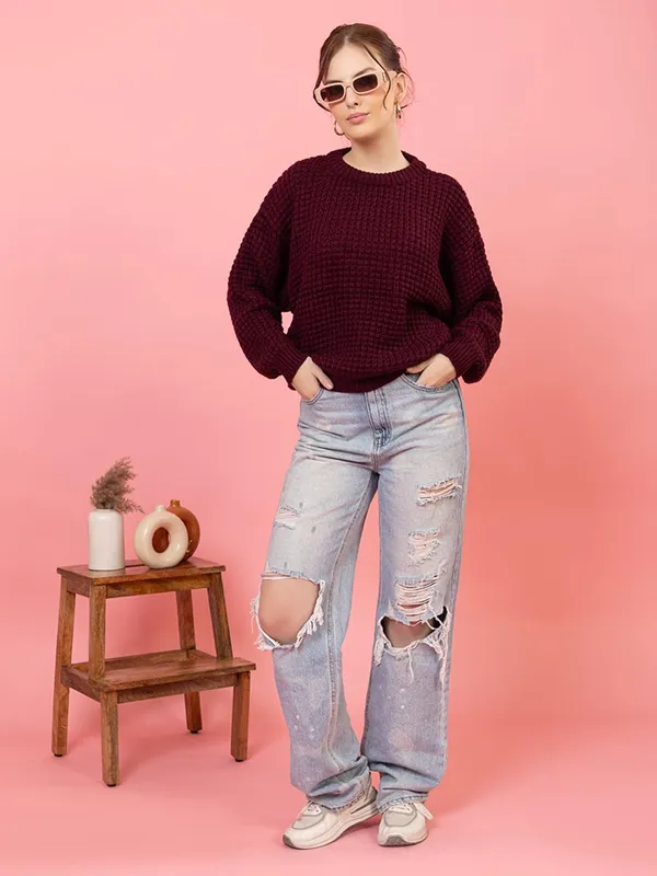 Womens_Crew_Neck_Waffle_Knit_Sweater