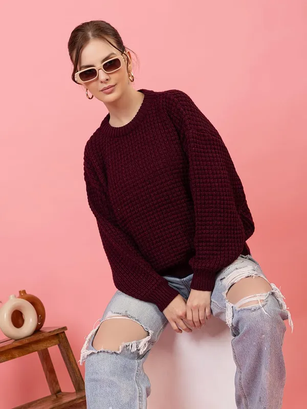 Womens_Crew_Neck_Waffle_Knit_Sweater