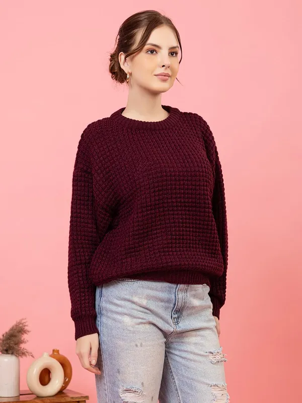 Womens_Crew_Neck_Waffle_Knit_Sweater