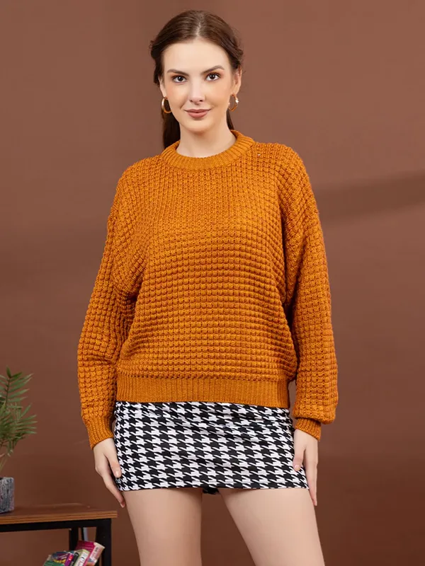 Womens_Crew_Neck_Waffle_Knit_Sweater