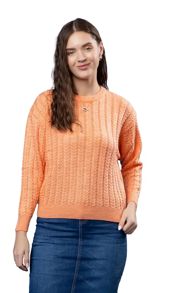 Orange_Women_Full_Sleeves_Round_Neck_Cable_Design_Pullover_Sweater_Pure_Woolen_Winter_Wear