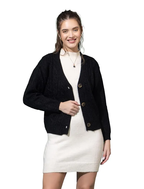 Black_Women_Woolen_V-Neck_3-Button_Stylish_Cardigan_Sweater_Winter_Casual_Wear_Warm_Knitwear_For_Ladies_And_Girls