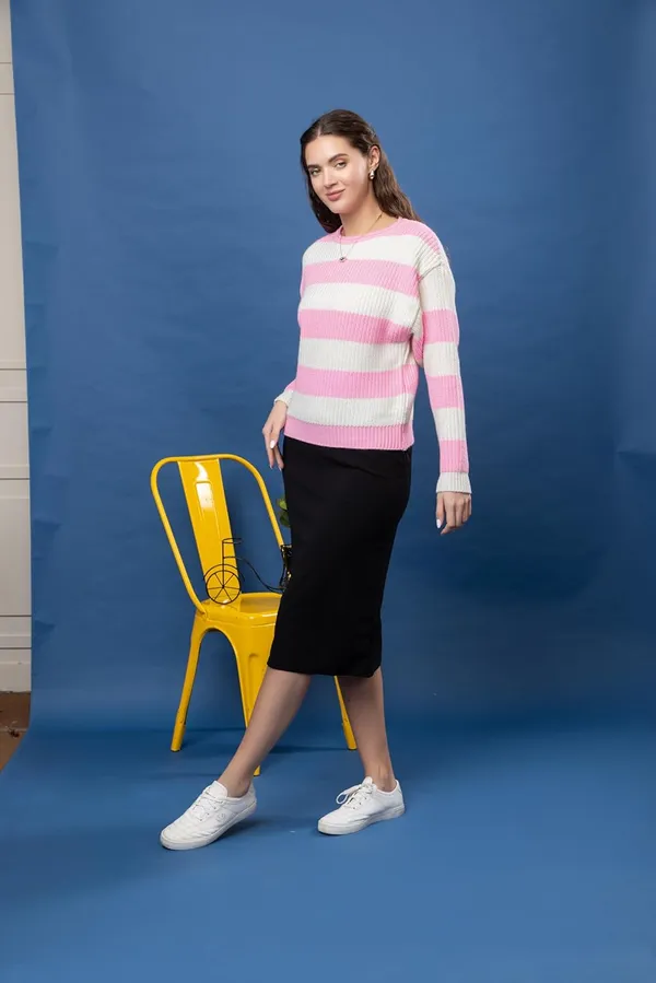 Baby_Pink_Women_100%_Wool_Color_Block_Stripe_Full_Sleeve_Round_Neck_Pullover_Sweater_Winter_Season_Fashion