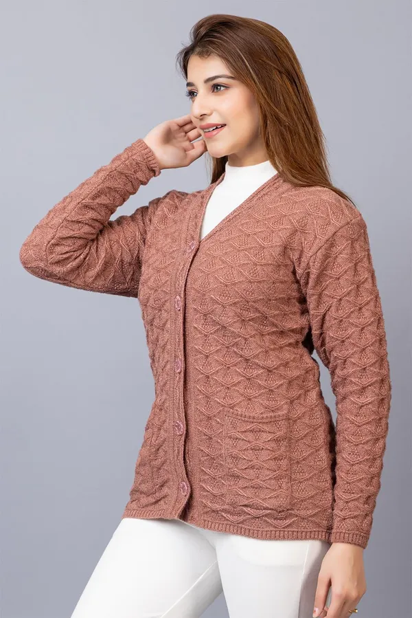 Brown_Women_Woolen_V_Neck_Casual_Wear_Stylish_Cardigan_Sweater_For_Winter_With_Front_Pockets