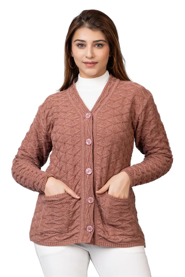 Brown_Women_Woolen_V_Neck_Casual_Wear_Stylish_Cardigan_Sweater_For_Winter_With_Front_Pockets