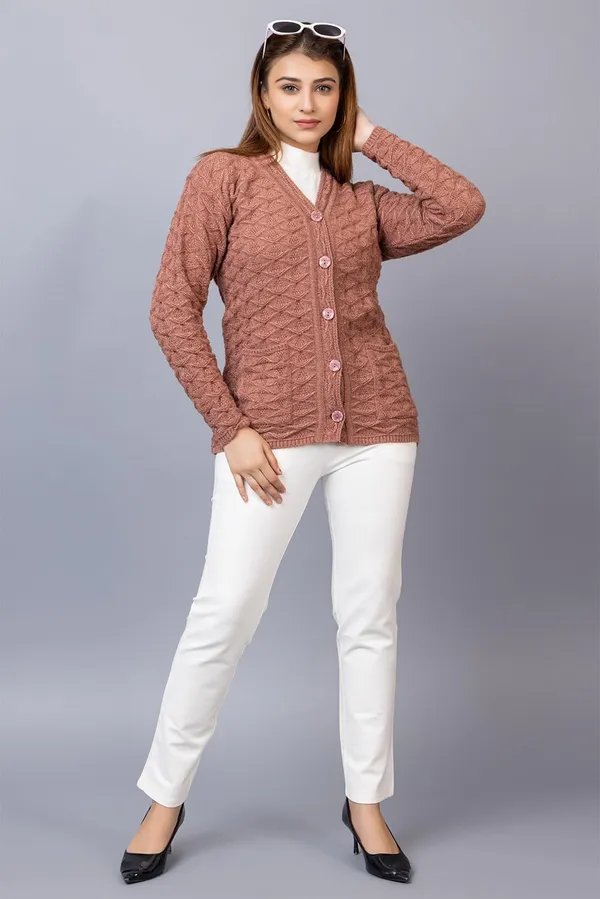Brown_Women_Woolen_V_Neck_Casual_Wear_Stylish_Cardigan_Sweater_For_Winter_With_Front_Pockets
