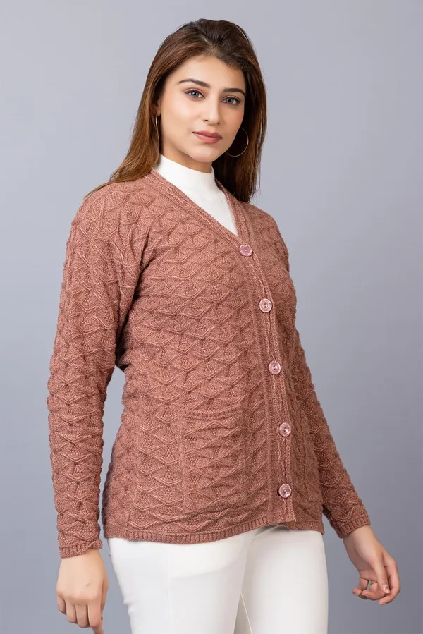 Brown_Women_Woolen_V_Neck_Casual_Wear_Stylish_Cardigan_Sweater_For_Winter_With_Front_Pockets