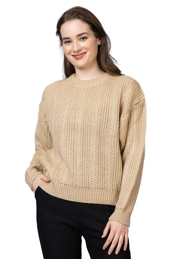 Beige_Women_100%_Wool_Pullover_Sweater_Regular_Fit_For_Winter_Wear