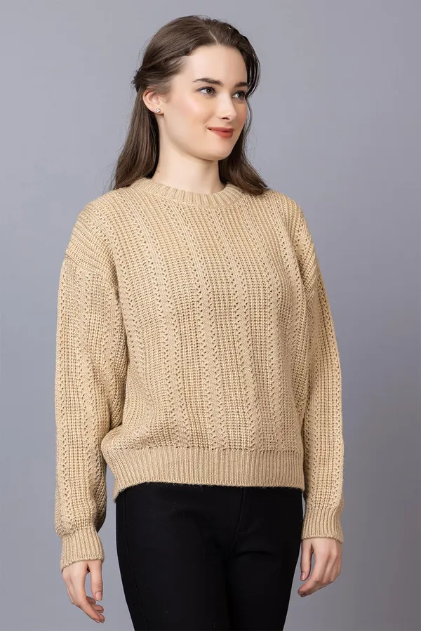 Beige_Women_100%_Wool_Pullover_Sweater_Regular_Fit_For_Winter_Wear