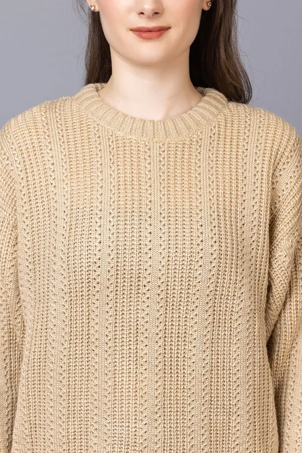Beige_Women_100%_Wool_Pullover_Sweater_Regular_Fit_For_Winter_Wear