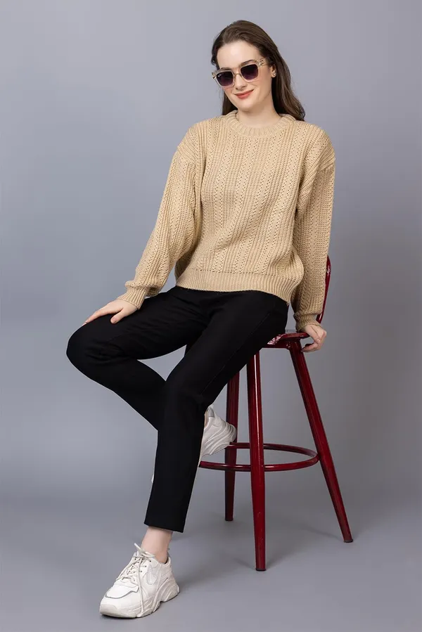 Beige_Women_100%_Wool_Pullover_Sweater_Regular_Fit_For_Winter_Wear