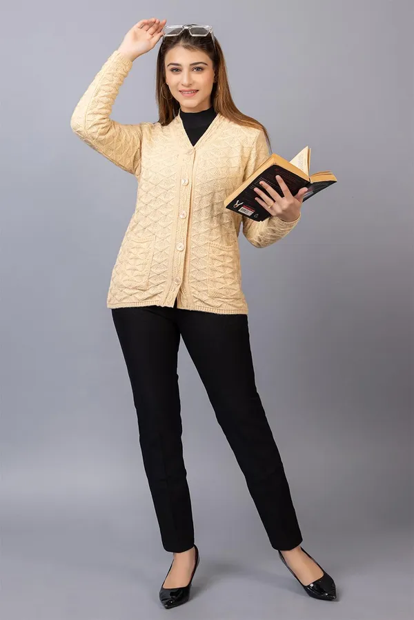 Camel_Women_Woolen_V_Neck_Casual_Wear_Stylish_Cardigan_Sweater_For_Winter_With_Front_Pockets