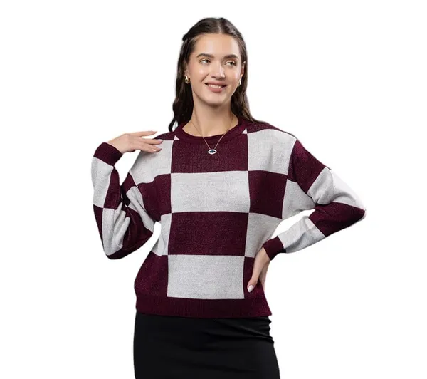 Maroon_Women_Round_Neck_Colour_Block_Sweater_100%_Wool_Winter_Wear_Pullover