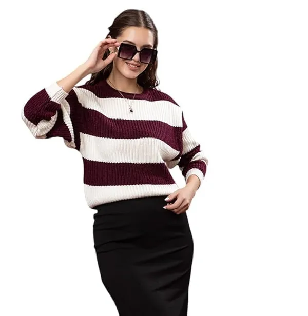 Maroon_Women_100%_Wool_Color_Block_Stripe_Full_Sleeve_Round_Neck_Pullover_Sweater_Winter_Season_Fashion